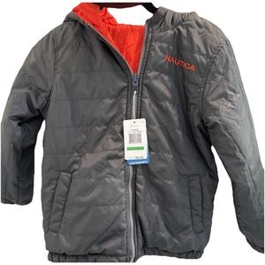 NWT NAUTICA REVERSIBLE PUFFER JACKET RED ORANGE & BLACK HOODIE YOUTH LG 7 $59.50